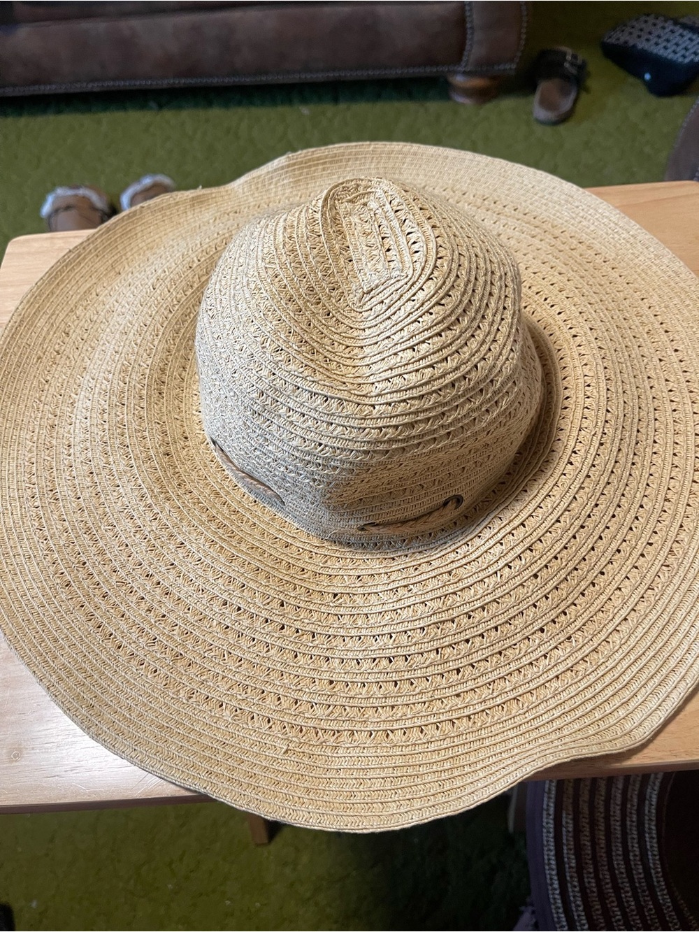 RALPH LAUREN STRAW WIDE BRIM PLAID TRIM HAT Medium